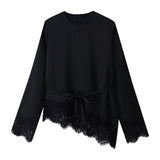 Spring New Lace Spliced Ribbon With Asymmetric Long-Sleeved Top