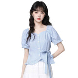 French Blue Collar Plaid Shirt Women's Summer 2026 Summer New Bubble Sleeves With Shirt Short Top