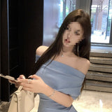 French Oblique Shoulder Dress Sexy Long Temperament Waist And Shoulder Folding Bag Hips Open Forked Senior Sense Skirt