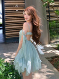 French Girl Bowed Mint Green Sling With Short Skirt With Lotus Leafy Dress Girl Little Man Seaside Holiday Wind