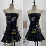 Printed Split Splicing Rope Tie With Pu Skin Bra Punk Babes Dress Dress Girl 6289