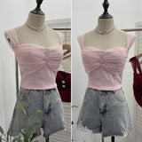 Real Shooting Net Red Pure Lust Folding Net Yarn Splicing Sling Sling Vest Bratie Short Sleeveless Top 8039