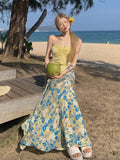 Yunnan Island Holiday Set Female Dopamine Yellow Hanging Neck Blouse High Waist Broken Flower Skirt Two Sets