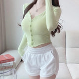 Korean Autumn Temperament Button Braid Short Top Korean Thin Cardigan Long-Sleeved T-Shirt Girl Ins