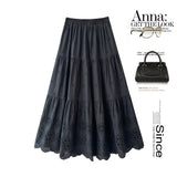 Bing Thin Casual Skirt 2025 Spring And Summer New Solid Color Splicing Hollow Heavy Industry Embroidery A Skirt