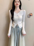 Lace Fashion New Splicing V-Neck 2025 Coat Bow Tie With Waist-Up Small Jersey Knitwear