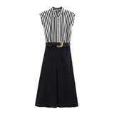 Spring New Splicing Striped With Belted Fan Flute Dress 3564084