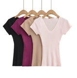 Basic V-Neck Knitted Women 2026 Summer New Hot Girls Slim Slimmed Short-Sleeved Bottom Shirt
