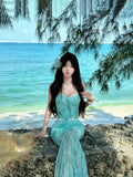 French Light Green Printed Mesh Sling Dress Women's Summer Seaside Vacation Pure Sexy Fishtail Ass And Hips