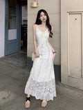 French Orange Taway V-Neck Lace Dress Women's Summer Sanya Seaside Resort Style Super Fairy Beautiful Long Dress