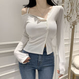 Twisting Pink Button Design Cardigan Body Thin Shoulder Slings Irregular Coat Long-Sleeved Women's T-Shirt Thread