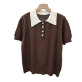 Short-Sleeved Knitting Polo Collar Pink Splicing Shoulder Summer Design Small Soft Knitting Slim Top