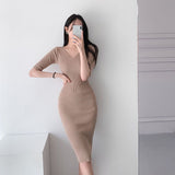 Korean Version Of Autumn Green V-Neck Thin Knitted Dress Short Sleeve Comfortable Slimming High-Waisted Hip Dress