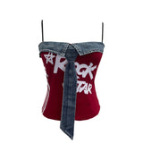 Real Shooting Denim Spliced Print Tie Sling Sling Waist Wearing Hot Girl Bra Short Sleeveless Top Lady 8930