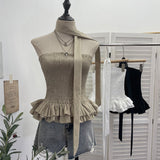 Real Shooting Tight Skirt Swing Fluffy Fragrant Chest Vest Hanging Neck Ribbon Short Blouse Woman 8169