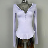 V-Neck Long Sleeve Half-Open Collar U-Shaped Hem To Close Waist Tight Thin Top Lady South Korea's New Sexy Thin Model Micro-Permeable Spring