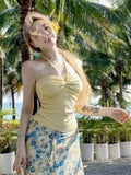 Yunnan Island Holiday Set Female Dopamine Yellow Hanging Neck Blouse High Waist Broken Flower Skirt Two Sets