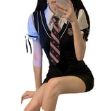 College Style Sweet Cool Hottie High-Level Feeling Sister's-Bubble Bubble-Sleeved Dress JK Uniform Fake Two Pure Lust Style