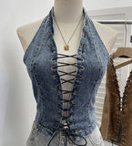 Real Shooting Cowboy Hollow Wearing Rope Strap Hanging Neck Sling Vest Hottie Sexy Bare Back Short Sleeveless Top 827