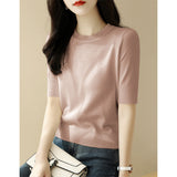 Short-Sleeved Knitted T-Shirt Women 2026 Summer New Solid Half-High Collar Chic High-Grade Ice Silk Black Top Thin