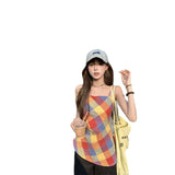 Sweet Babes Color Lattice Sling Vest Women Summer Niche Design Sense Irregular Waist Chic Outside To Wear Clothes