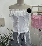 Real Shooting Pure Wind Lotus Leaf Side With A Word Shoulder Bra Small Vest Short Three-Dimensional Flowers Sleeveless Top 8856