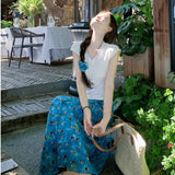 Fuya Temperament Set Women's Summer White Shoulder-Neck Short Sleeved T-Shirt High Waist Broken Flower Dress
