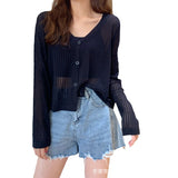 Fashion Long-Sleeved V-Neck Thin Hollow Sun Protection Coat Women Autumn New Knitted Top Air-Conditioning Cardigan Women