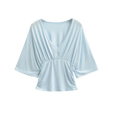 Bat Long-Sleeved Deep V-Neck T-Baender 2026 Summer New Hot Girl Windy Loose Waist Wrinkled Folding Top