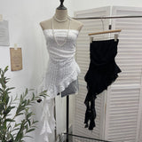 Holiday Lace Tranches Irregular Lotus Side Ribbon Wrapped Breast Wrinkle Vest Sleeveless Top 8076