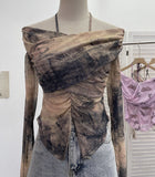 Real Shot Shoulder Strap Hanging Neck Pure Lust Wind Long-Sleeved T-Shirt Repair Cross-Folded Open Fork Short Top 9932