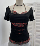 Real Shooting Two Hit Color Cut Rivet Tie With Chest Pad Short-Sleeved T-Shirt 28191