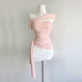 South Korea's New Summer Temperament Mesh Tight Body Light Pink Asymmetrical Pure Desire To Expose The Shoulder T-Shirt Girl