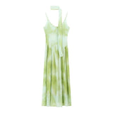 French Super-Look Unique Beautiful Green Halo Print Sling Dress Seaside Holiday Dress 2026 Summer