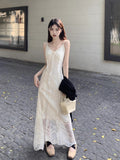 French Orange Taway V-Neck Lace Dress Women's Summer Sanya Seaside Resort Style Super Fairy Beautiful Long Dress