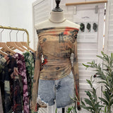 Vintage Graffiti-Printed Shoulder-Threin Mesh Long-Sleeved Blouse Side Drawstring Tethered With Slime T-Shirt 8959