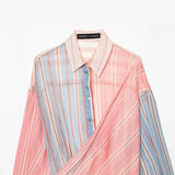 Spring New Micro-Permeable Striped Spliced Collar Shirt