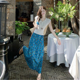 Fuya Temperament Set Women's Summer White Shoulder-Neck Short Sleeved T-Shirt High Waist Broken Flower Dress
