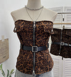 Real-Style Belted Leopard Tectar In Front Of The Zipper Open Shirt 6172