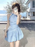 Blue Wave Point Sleeveless Hanging Neck Dress Women Summer 2026 New Korean Temperament Small Tidal Boa Tidal Short Skirt