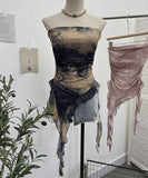 Tie Dyed Lotus Leaf Edge Mesh Shaft Irregular Ribbon Thin Belt Wrapped Bra Vest Top 9956
