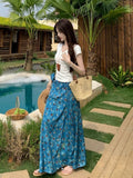 Seaside Vacation Blue Oil Painting Broken Flower Dress Women Summer New Strap High Waist Long A Dress