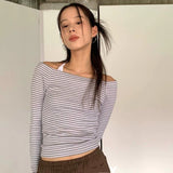 Spring And Summer New Stripe Shoulder To Show Body Temperament Blouse Showing Lean Sleeves Bottom Shirt T-Shirt Woman
