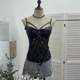 Spiced Lace Pu Skin Spliced With Chest Cushion Perspective Sling Vest Back Blouse 1375