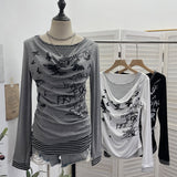 Real Shooting Sweet Cool Y2k Butterfly Print Fake Two Striped Long-Sleeved T-Shirt T-Shirt T-Shirt T-Shirt T-Shirt 27753