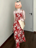 French Red Floral Sling With A Tie Dress Women's Summer 2026 New Beautiful Beautiful Seaside Dress