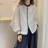 Lantern Sleeve Vertical Striped Casual Shirt Women 2025 New Women's Design Feeling Top Tide
