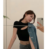 Thai Babes With A Slanted Opening On The Front Of The Hollow Round Collar T-Shirt For The Women's Summer Short-Sleeved T-Shirt With High-Waisted Umbilical Short-Sleeved T-Shirt