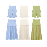 Summer New Undecorated Knitted Vest Knitted Folding Splicing Skirt Set