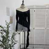 Design-Sensitive Hole Irregular Lotus Side Ribbon Shoulder Horn Long-Sleeved Top T-Shirt 9261